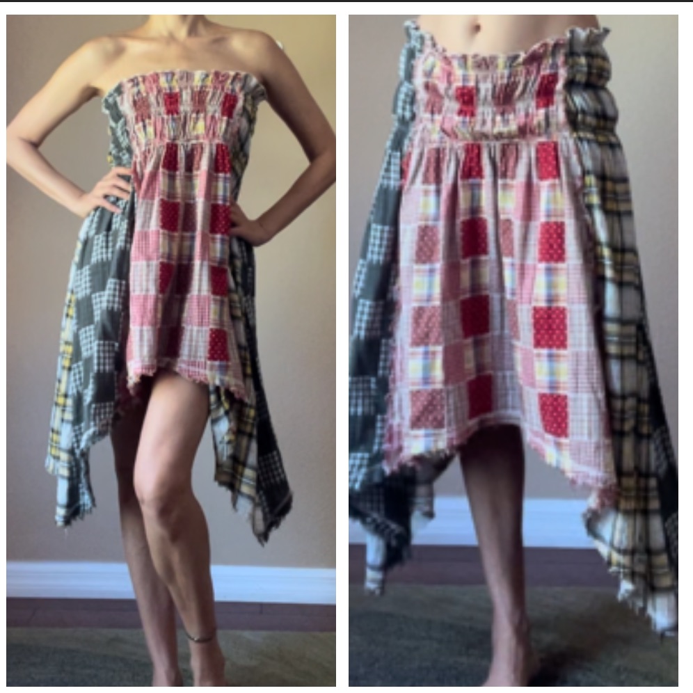 Boho Hippie Patchwork Asymmetrical Gauze Raw Hem High Low Cotton Dress/Skirt S